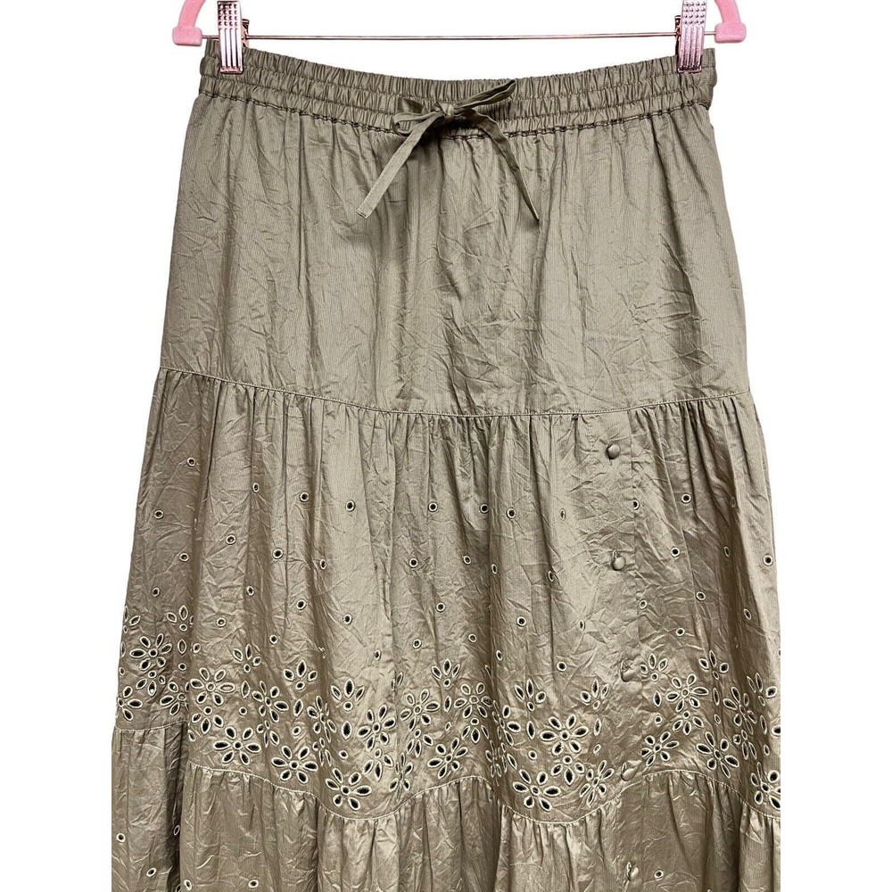 Coach Broderie Anglaise‎ Long Skirt In Organic Cotton Dark Olive Women’s Size 6 - Picture 3 of 11